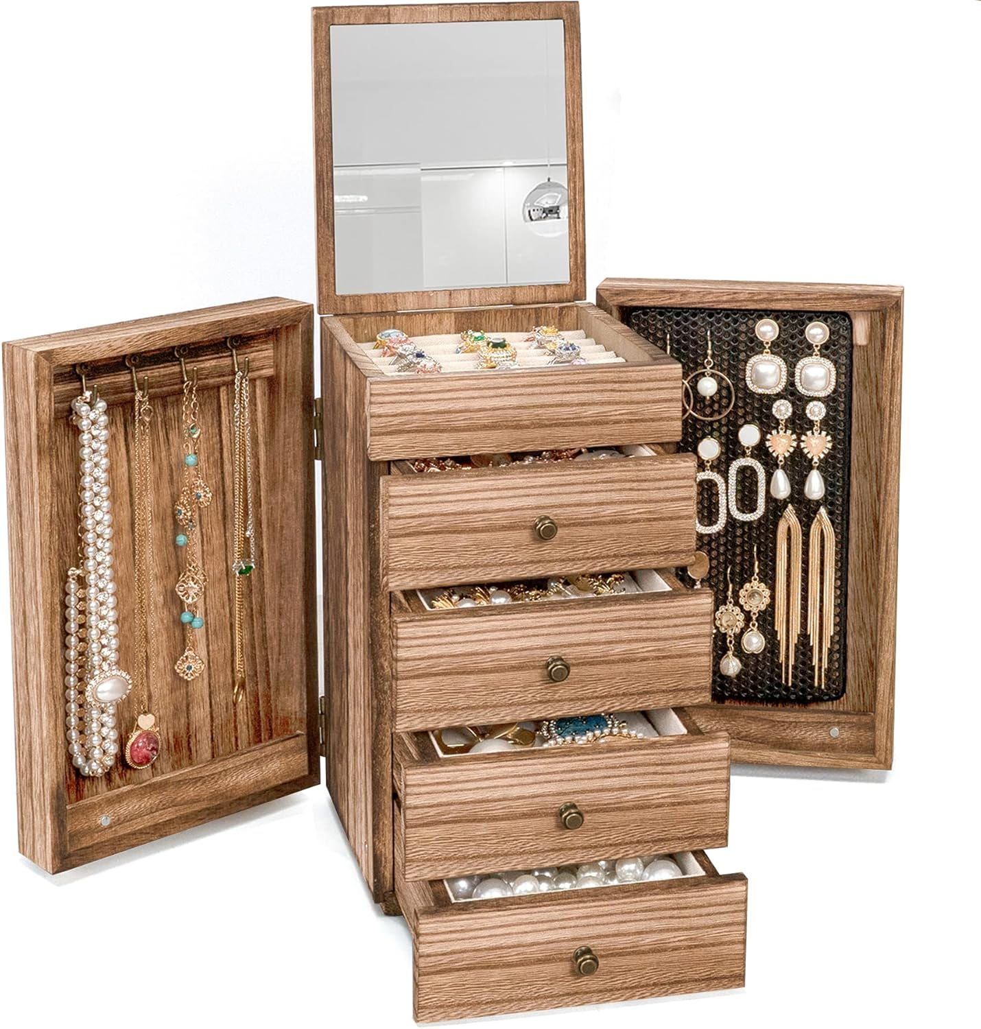 Jewelry Box Wood for Women 5-Layer Large Organizer with Mirror & 4 Drawers Rings-image