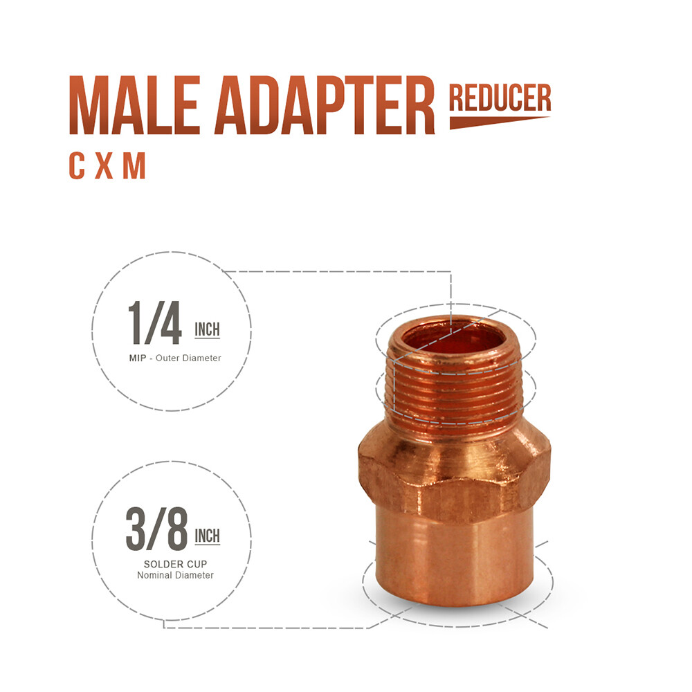 3/8" x 1/4"  CxM Copper Male Adapter Sweat x MIP Thread Plumbing Reducer Fitting