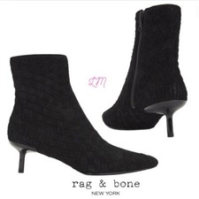 Rag and Bone Rio Revolve Woven Black Suede Leather Mid Boots Size 7.5 37.5