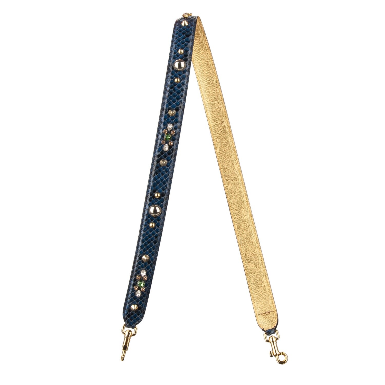 DOLCE & GABBANA Crystal Pearl Snake Leather Bag Strap Handle Gold Blue