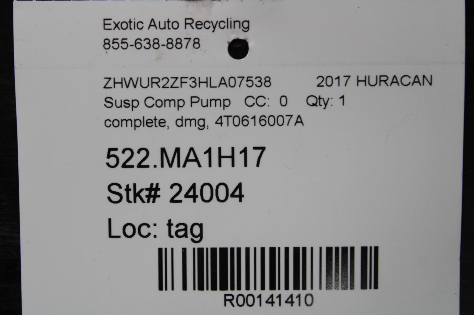 Lamborghini Huracan LP610, Suspension Compression Pump, Used, P/N 4t0616007A