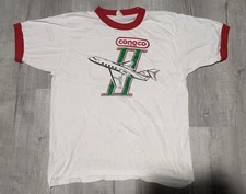 Vintage Conoco Aviation II White Red Collar & Sleeves Adult Sz Large