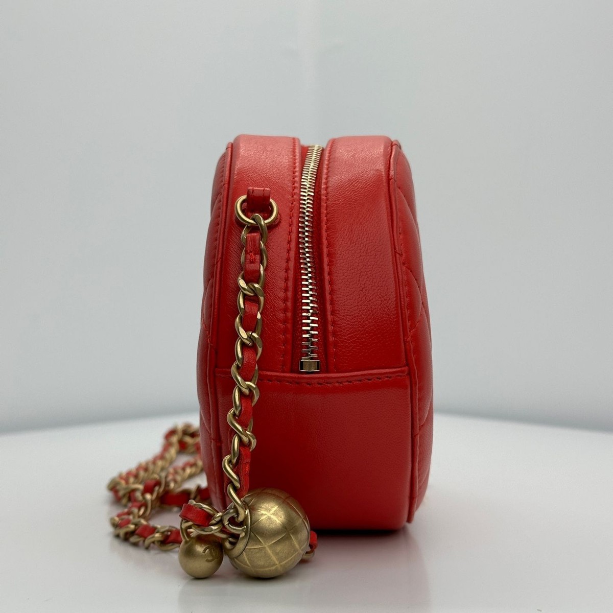 CHANEL Classic Circle Gold Ball Tambourine Bag Lambskin Red
