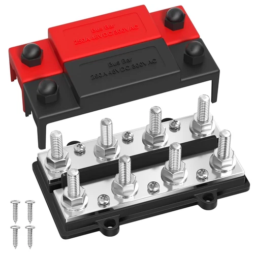 250A Dual Row Bus Bar 12V Power Distribution Block 8 x 3/8" Terminal Red 