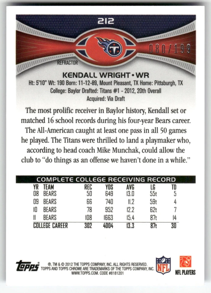 Kendall Wright 2012 Topps Chrome #212 Blue Refractors #/199 Rookie - Image 2 of 2