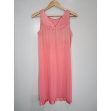Vintage Coral Pink Sleeveless Nightgown V-Neck Floral Embroidery Satin Trim 37L