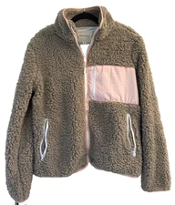 NWT Thread And Supply Sherpa Fleece Jacket Womens Medium Khaki Green Pink Zip Up
