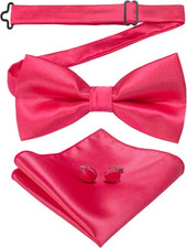 Mens Solid Color Pre-Tied Bow Tie and Pocket Square Cufflink Set