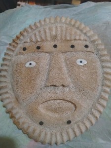 Carved Inlaid Fossilized Whale Vertebrae Spirit Mask Signed Artic Wall Art 7x8