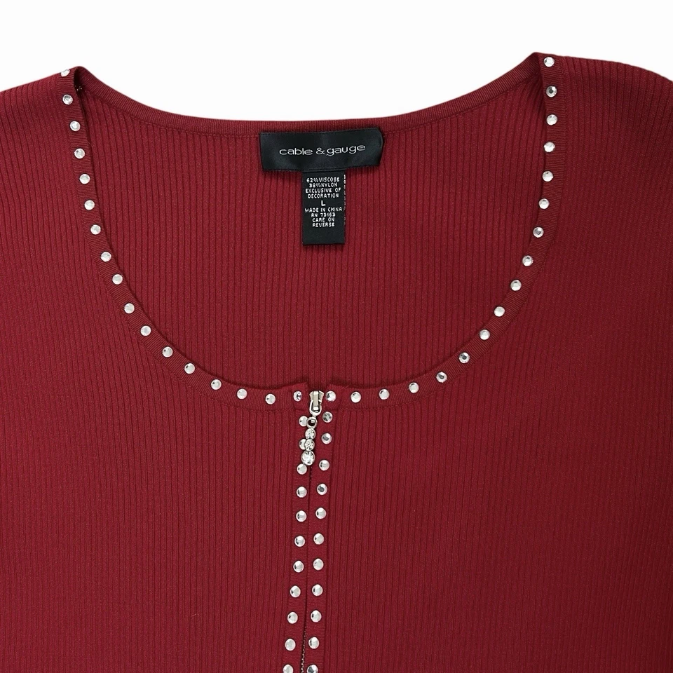 Top tejido con cable y calibre para mujer grande rojo estrás tachonado media cremallera elástico Foto 4 de 4