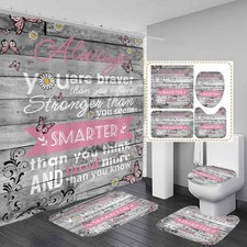 4 Piece Pink Shower Curtain Set Kids Girl Girly Cute Women Toddler Grey 60Wx7...