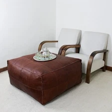 Leather Moroccan Ottoman Footstool Unstuffed New Brown 30'' Boho Pouffe Genuine