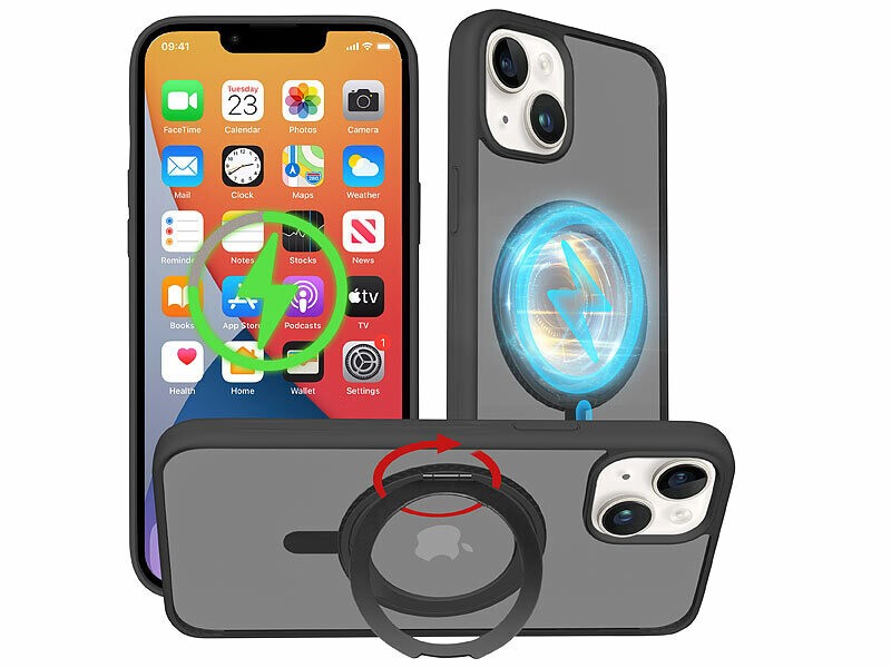 Coque iPhone 14 antichoc MagSafe XCase noire avec anneau de support rotatif 360