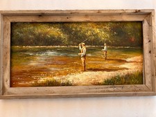 Dipinto olio pescatore a mosca dipinto a mano firmato tela senza cornice/non tesa