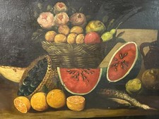 ANTIKES ÖLGEMÄLDE STILLLEBEN MIT VOGEL UND OBST