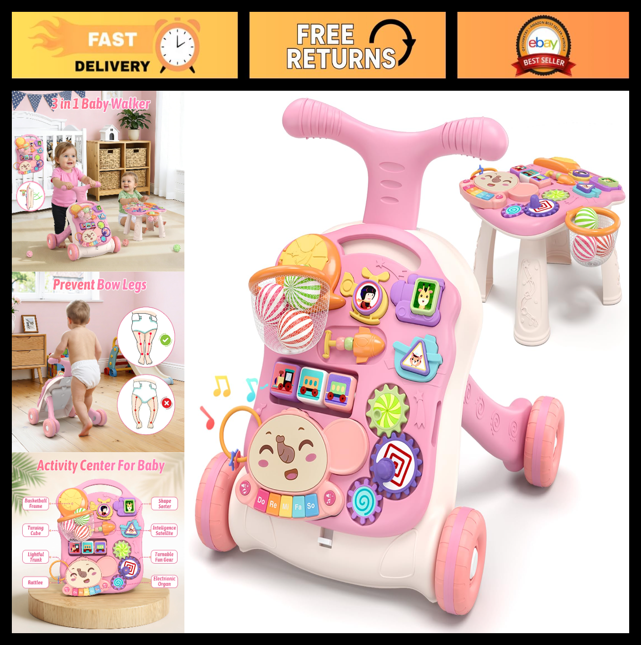 Baby Walker Activity Center Pink Sit to Stand