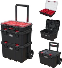 Keter Stack-n-Roll Modular Tools Organizer for Garage 3PC System, Black/Red 