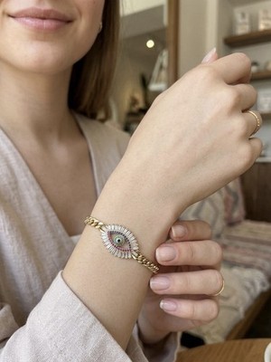 Xuping Evil Eye Bracelet Gold Tone Multicolor Marquise Stones Adjustable Curb