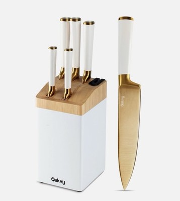 Oakvy Gold Kitchen Knife Set w/ Block 5-Piece Stainless Steel Chef Knife Set