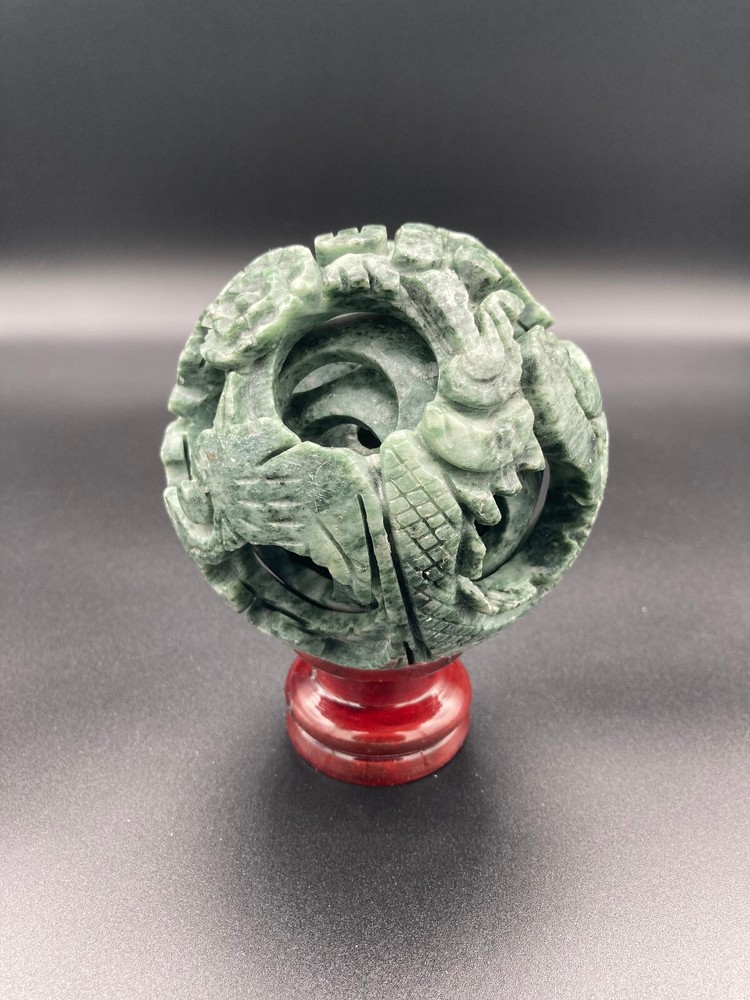 Vintage Hand Carved Soapstone Multi Layered Dragons Chinese Puzzle Ball w/ Stand