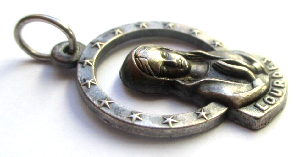 Pendentif Ancien Double Face Argent ND Lourdes - Vierge Marie - Vintage - Bon état