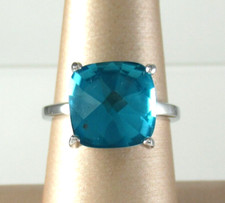 .925 Sterling Silver Blue CZ Solitaire Ring Checkerboard Cushion