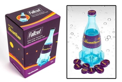 Fallout Nuka Cola Quantum Teal Glass Rocket Bottle + 10 Bottle Caps Figure