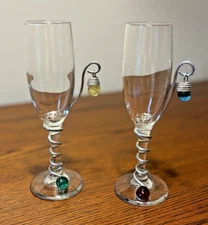 2 Artisan Champagne Flutes Glasses Wire Wrapped Glass Beads & Charms 8.75” Tall