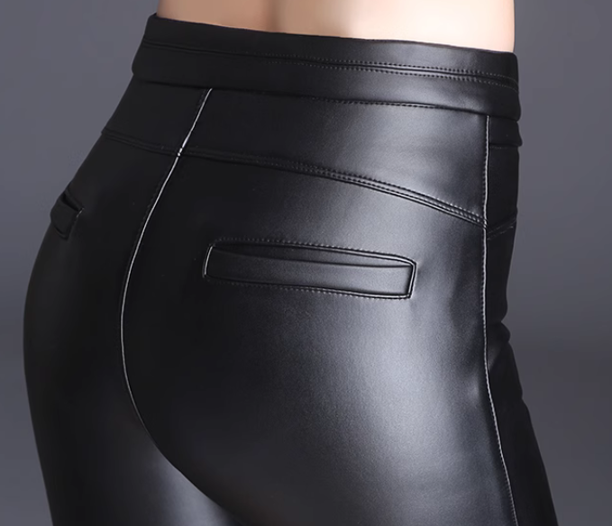 Womens Real Leather Pants Thicken Slim Fit Straight Leg