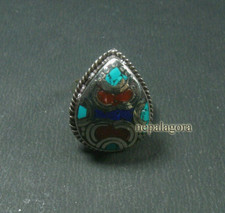 R17 Handmade size 8.5 Turquoise Coral Resin Tibetan Silver Adjustable Ring Nepal