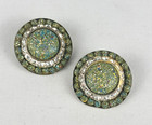 Clip On Earrings Large Confetti Green Button Center White Rhinestone Ring Vtg