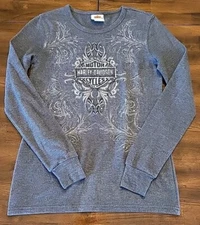 Harley Davidson Rhinestone Thermal Shirt Womens L Gray LS French Lick, Indiana