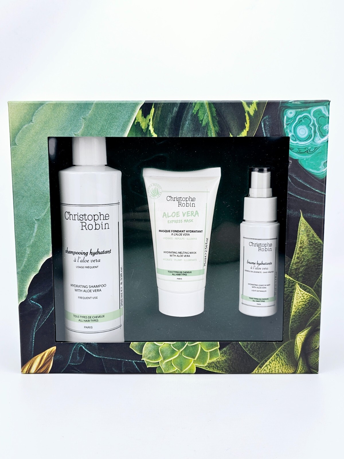 Christophe Robin Hydrating Shampoo Mask Leave In Mist Kit Aloe Vera 3Pc Gift Set