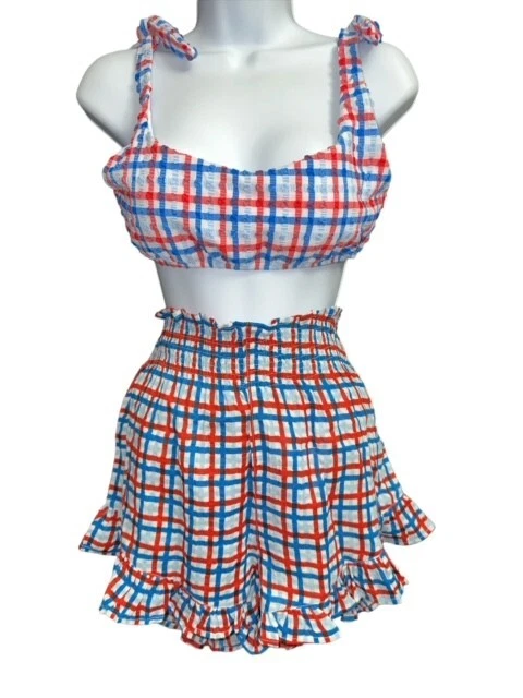 Dillard's GB Juniors XL 2 Piece Bikini & Skort Red Seersucker Americana Swimsuit - Image 1 of 4