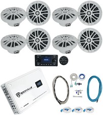 8 Rockville RM-PREMIUM-65 WHITE 6.5" 600w Marine Boat Speakers Amp Receiver