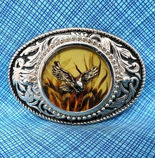 Western Eagle Belt Buckle Cowboy Resin Pheasant Feathers Vtg 80s USA   .DBD341
