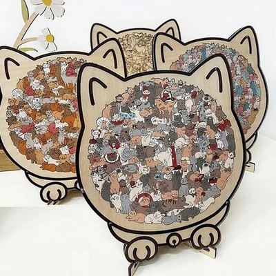 135-Piece Morandi-Colored Cat Shaped Wooden Jigsaw Puzzle Unique Challenging