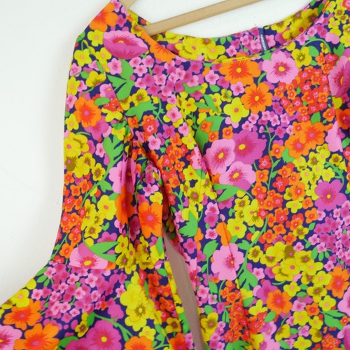 Vintage 70s Maxi Dress Multicolor Floral Neon Bell Sleeve Hippy Boho L Groovy, $88.2 - Photo 4