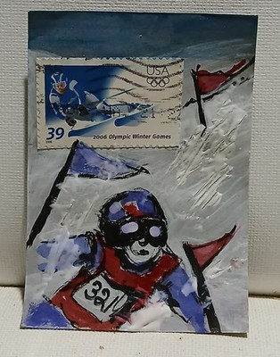 Postal Whimsy OOAK ACEO   USA 39¢ Olympic Winter Games Downhill Skier Stamp