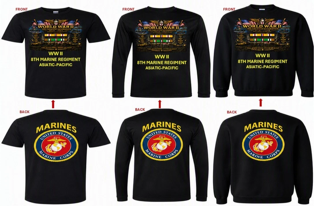 WORLD WAR II *8TH MARINE REGIMENT*VINYL*1941-1945. 2-SIDED SHIRTS.USMC LICENSED - Picture 1 of 12