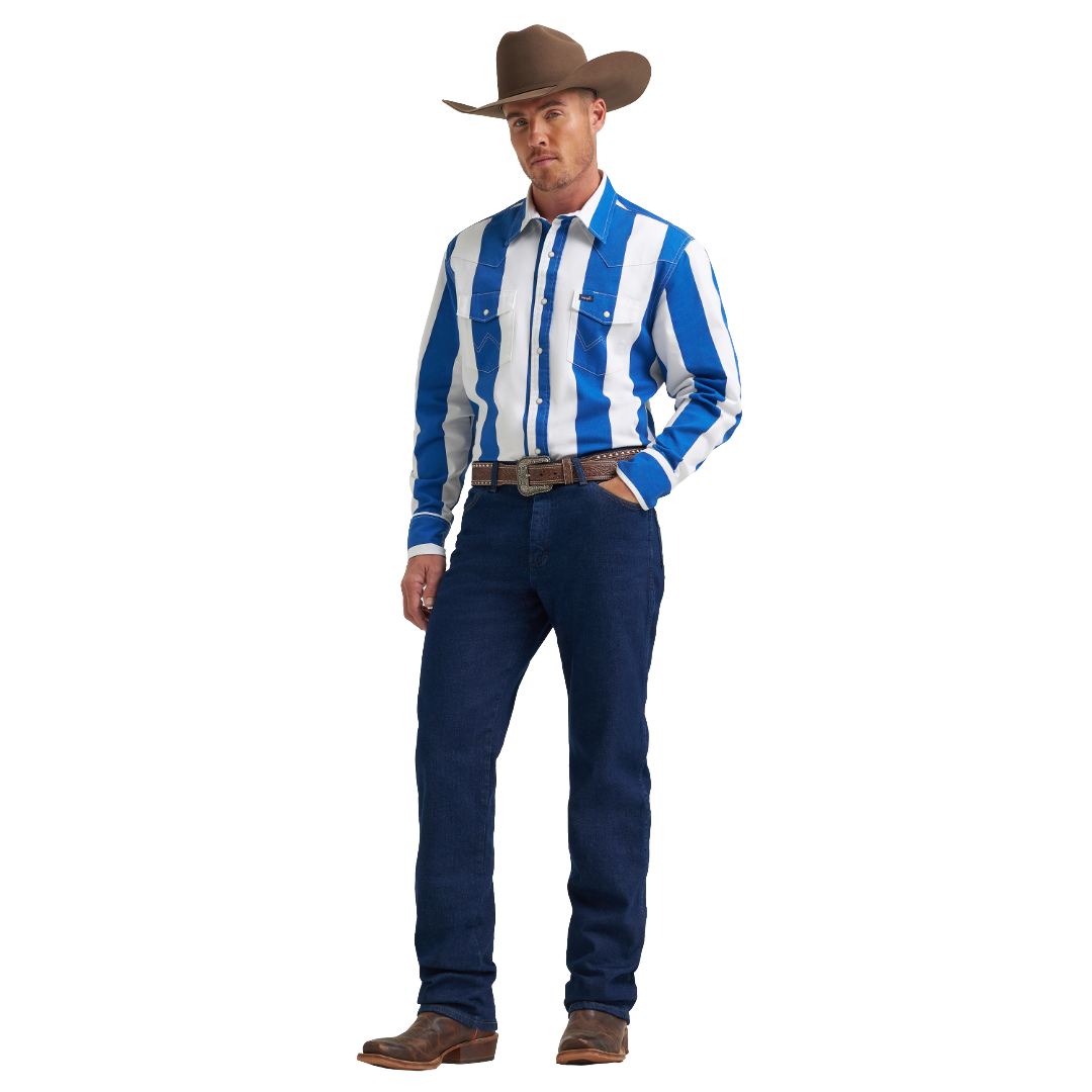 Wrangler Men's Vintage Inspired Blue Multi Stripe Snap Shirt