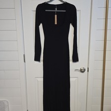 New SKIMS Soft Lounge Long-Sleeve Scoop Neck Ribbed Maxi Dress Black Medium