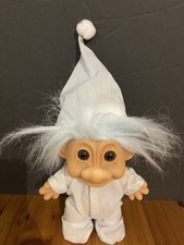 ADORABLE VINTAGE Troll Baby Boy in STRIPED pajamas and cap 8" doll w/back flap