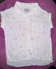 Rails Sleeveless White Pink Champagne Motif Blouse Small Button Top Pocket Cute