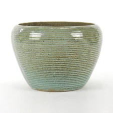 Zanesville Stoneware Ohio Pottery 5" ribbed jardinière vase green blue Homespun