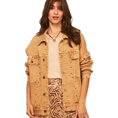 Nekane Studded Denim Jacket Oversized Caramel Tan Utility Shacket Size 38 Small