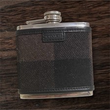 Coach Plaid Leather Stainless Steel Leak Proof Hip Flask 6 oz Brown Black