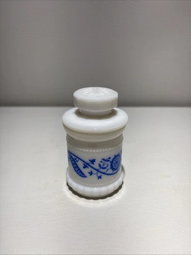 Vintage Hazel Atlas Milk Glass Mustard Jar Blue Floral Condiments Jam Jelly