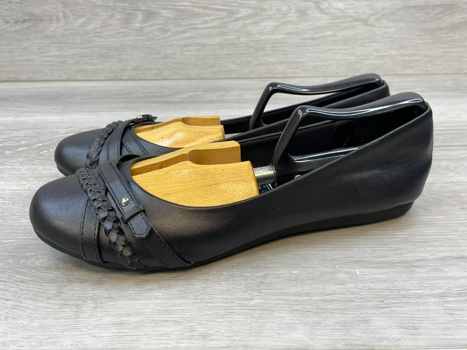 Lower East Side Para Mujer 9 Cuero Ballet Negro Plano Cómodo Trenzado Punta Redonda Foto 3 de 4
