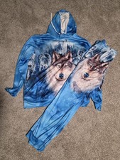New Without Tags Blue 3D Wolf Print Tracksuit Set - Hoodie  Joggers Size L 